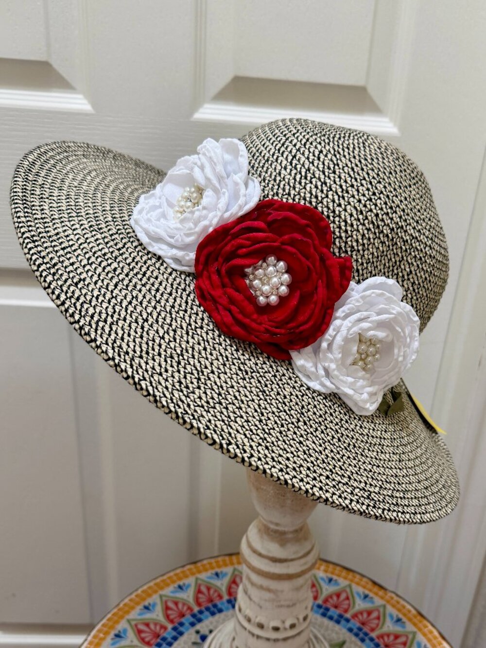Elegant Women's Tweed Sun Hat With Satin Flowers And Pearls Wedding Tea Party